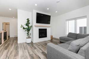 Living area featuring a fireplace, wood finished floors, and recessed lighting