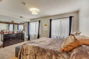 Downstairs Suite Bedroom featuring light colored carpet