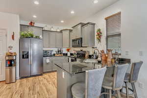 Kitchen featuring gray cabinets, stainless steel appliances, a kitchen breakfast bar, a peninsula, and recessed lighting