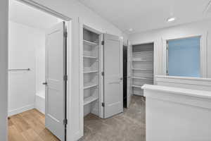 Spacious closet featuring light wood-style floors and light colored carpet