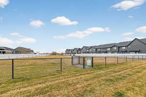 View of yard featuring a residential view and a dog friendly area