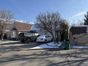 View of front of property featuring concrete driveway and a garage