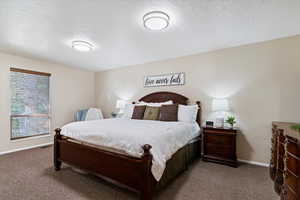 Bedroom with a textured ceiling and carpet