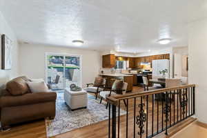 Living room featuring a textured ceiling and dark wood-style flooring