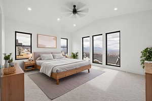 Bedroom with light colored carpet, vaulted ceiling, a ceiling fan, a mountain view, and recessed lighting