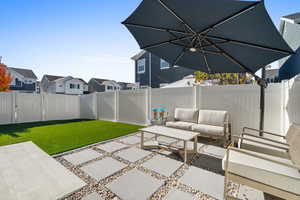 Fenced backyard featuring a patio area and a residential view
