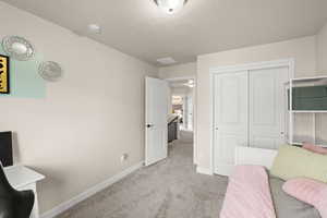 Bedroom featuring light colored carpet, a textured ceiling, and a closet