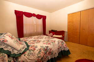 Carpeted bedroom with a closet