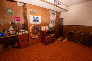 Carpeted home office featuring wood walls and a wainscoted wall