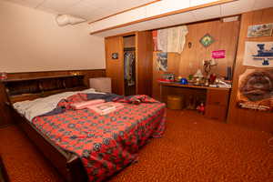 Bedroom with wooden walls and carpet