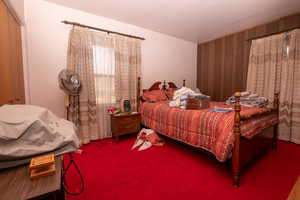 Bedroom with wood walls, carpet flooring, a closet, and an accent wall