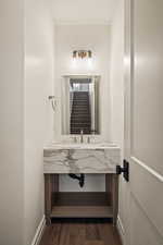 Bathroom featuring vanity and dark wood-type flooring