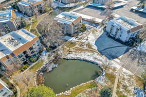 Aerial view of a nearby body of water