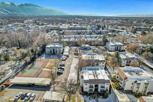 Bird's eye view of a mountainous background