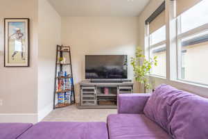Living room featuring carpet floors and baseboards