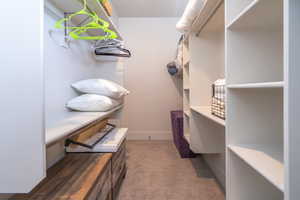 Walk in closet featuring light colored carpet