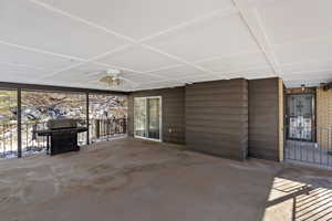 View of patio featuring a ceiling fan and area for grilling