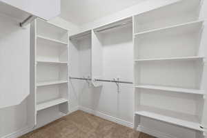 Walk in closet with light colored carpet
