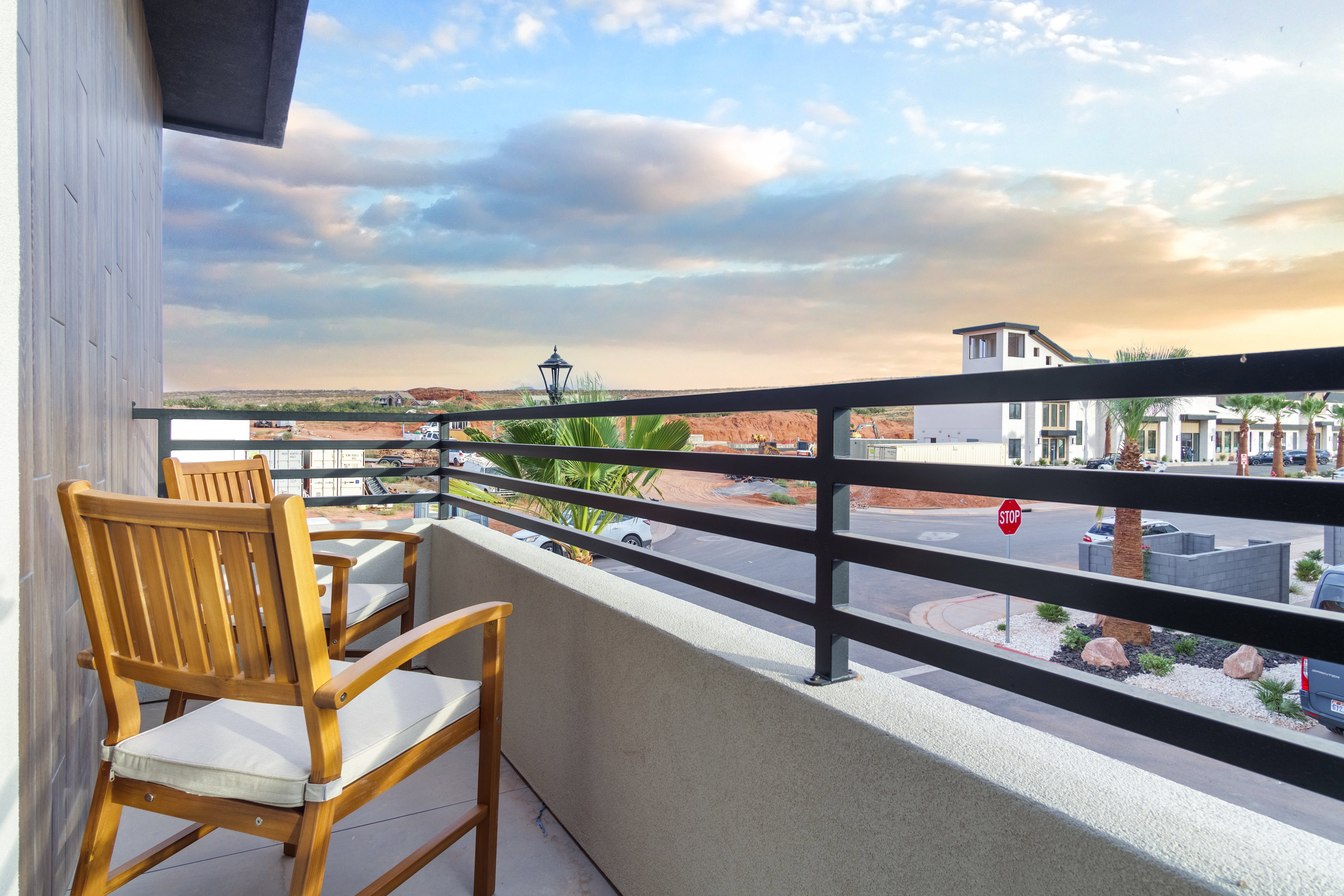 View of balcony at dusk
