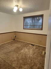 Unfurnished room with a textured ceiling and carpet