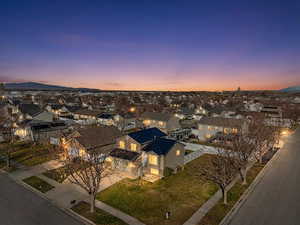 Aerial view at dusk of a residential view