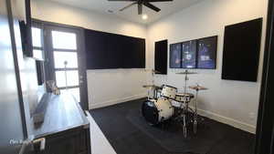 Flex room featuring recessed lighting and ceiling fan and external door