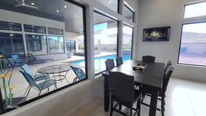 Dining room with a high ceiling