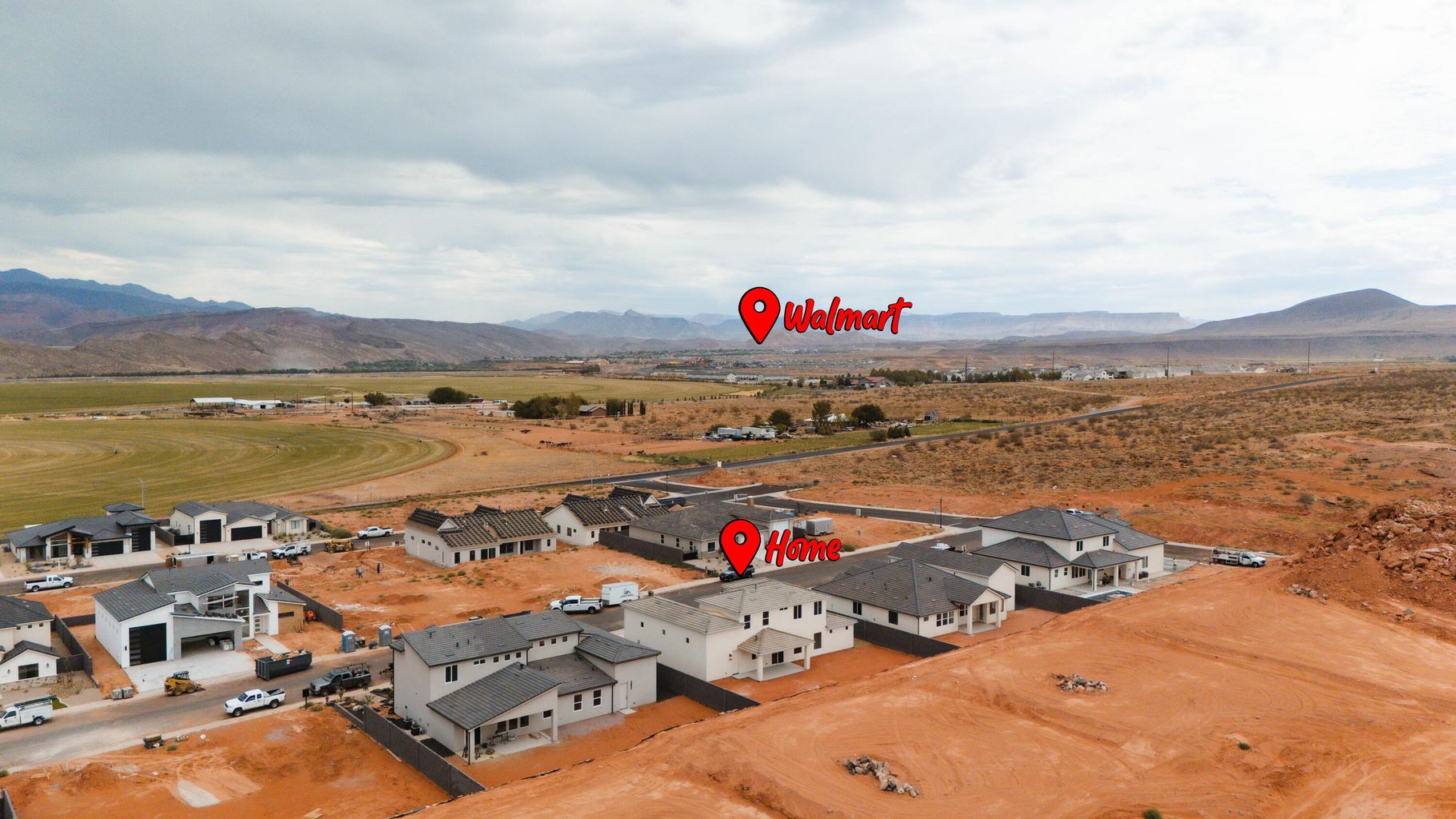 Aerial perspective of suburban area featuring mountains