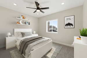 Bedroom with light colored carpet, ceiling fan, and recessed lighting