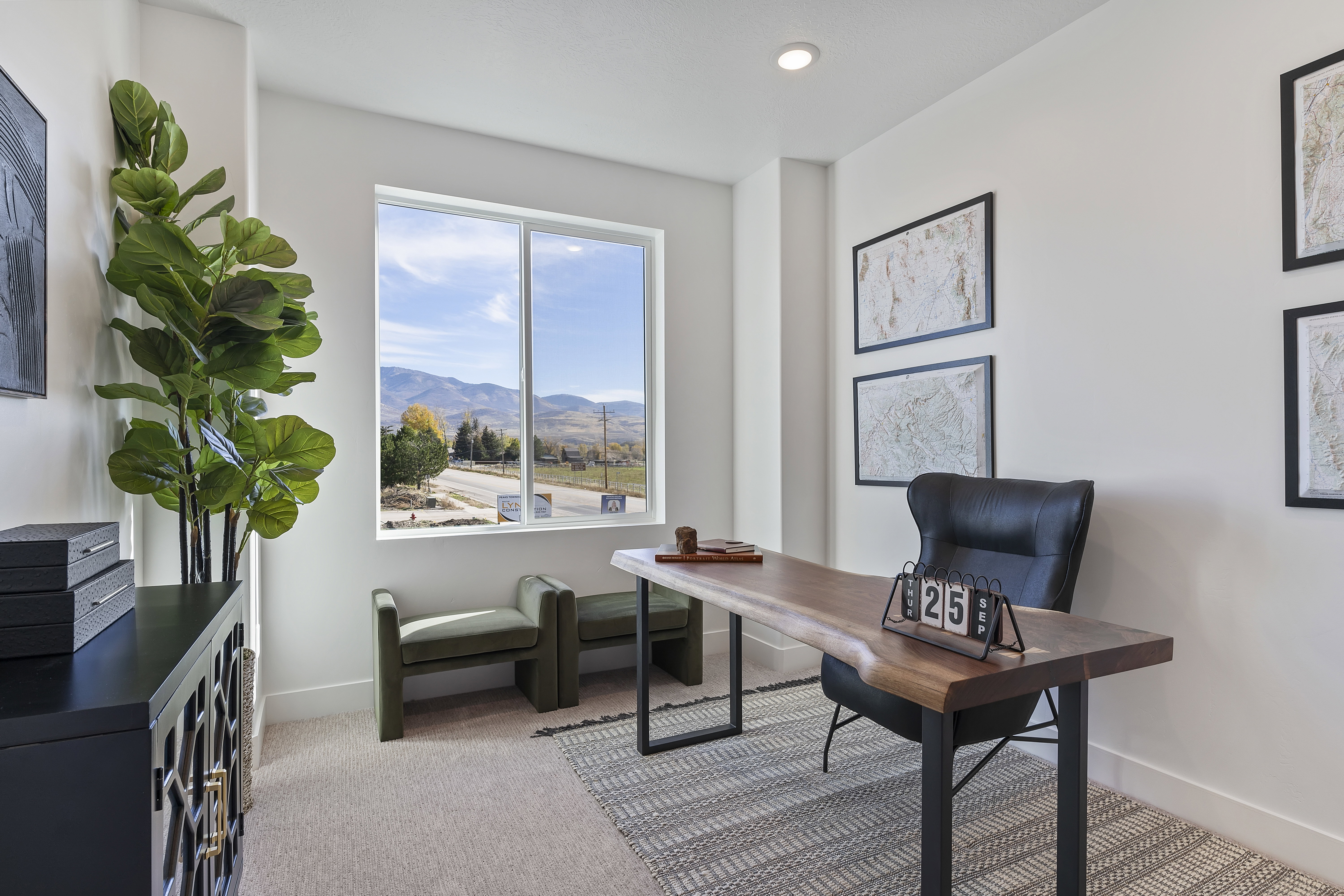 Office area with light carpet and a mountain view