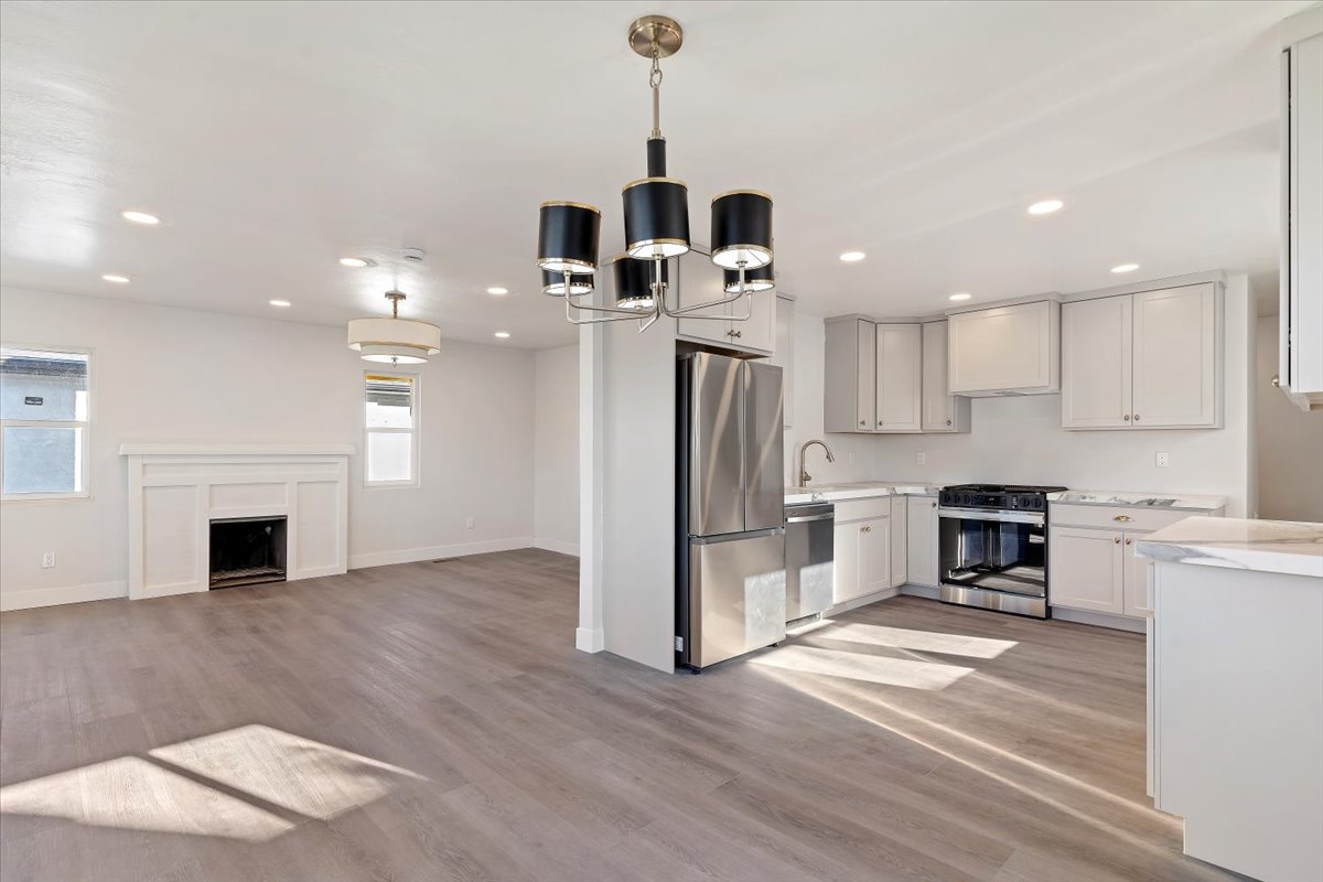 Kitchen with stainless steel appliances, recessed lighting, light wood finished floors, open floor plan, and a fireplace