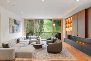 Living area with light wood-style flooring, expansive windows, and recessed lighting