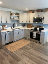 Kitchen with appliances with stainless steel finishes, open shelves, backsplash, dark wood-type flooring, and recessed lighting