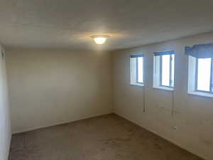 Unfurnished room featuring a textured ceiling and carpet floors