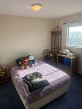 Carpeted bedroom with a textured ceiling