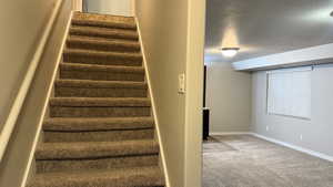 Staircase featuring a textured ceiling and carpet