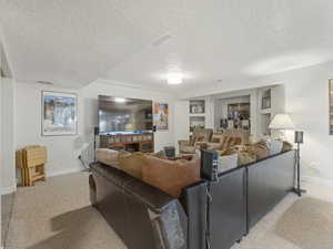 Living area with built in features, a textured ceiling, and light carpet