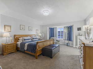 Bedroom featuring light colored carpet and a textured ceiling