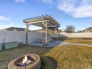 Fenced backyard featuring a pergola and a patio