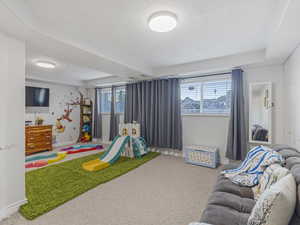 Playroom with carpet flooring