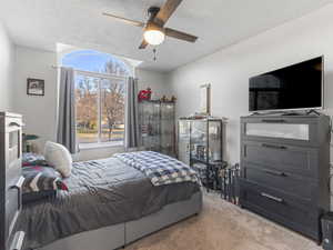 Bedroom with carpet flooring, a textured ceiling, and a ceiling fan