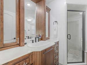 Full bathroom with vanity and a shower stall
