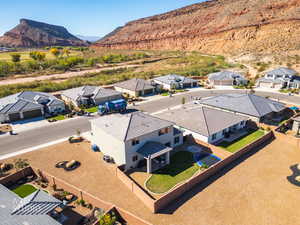 Aerial view of residential area with a mountainous background