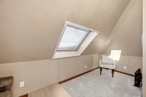 Unfurnished room featuring a skylight, carpet, and vaulted ceiling