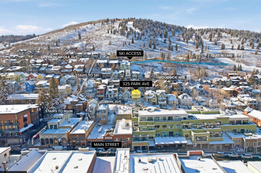 Aerial perspective showcasing a property at 325 Park Ave, positioned within a mountain town setting
