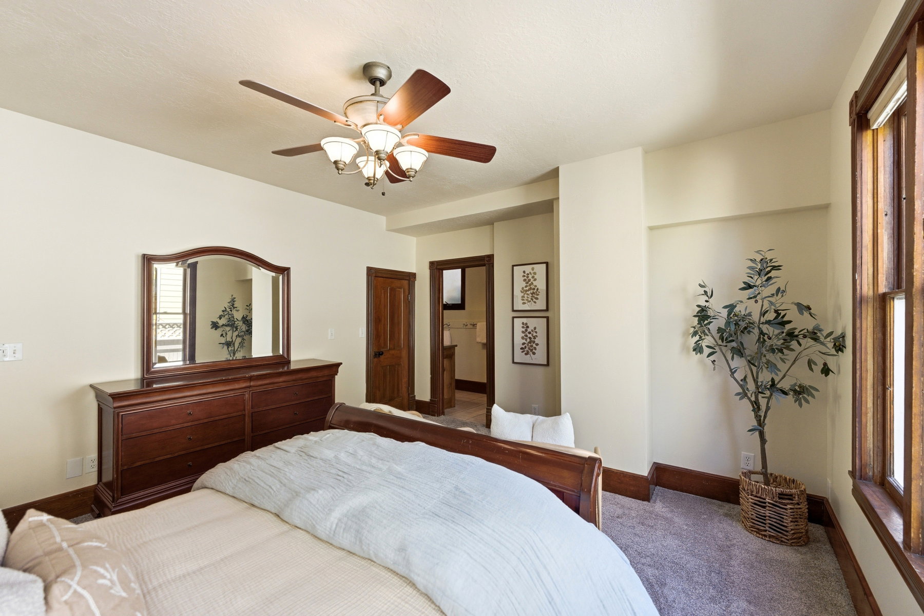 Carpeted room with a ceiling fan light fixture