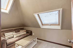 Living area with a skylight, carpet floors, a textured wall, and vaulted ceiling