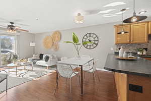 Dining room featuring dark wood-style floors and ceiling fan