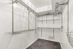 Primary Bedroom walk-in closet with wired shelving and storage system