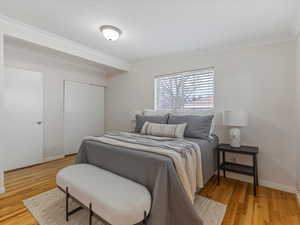 Bedroom featuring a closet, light wood finished floors, and crown molding
